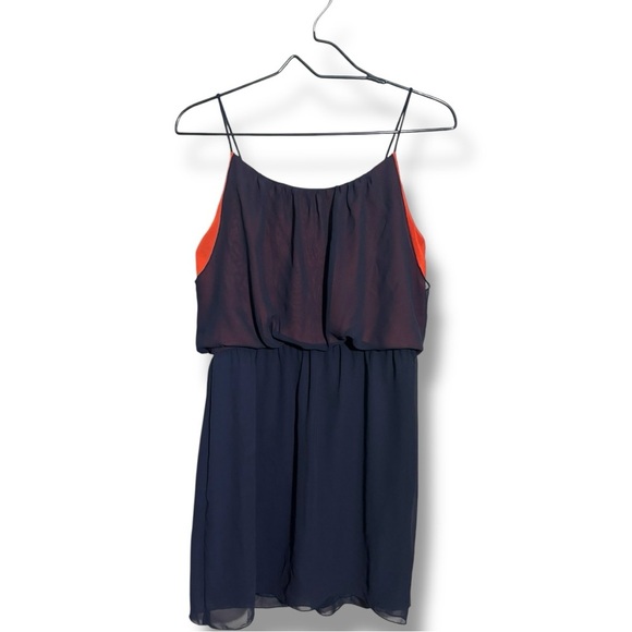 Sweet Storm Sheer Navy Blue Over Orange Gathered Waist Sleeveless Mini Sundress - Picture 12 of 14